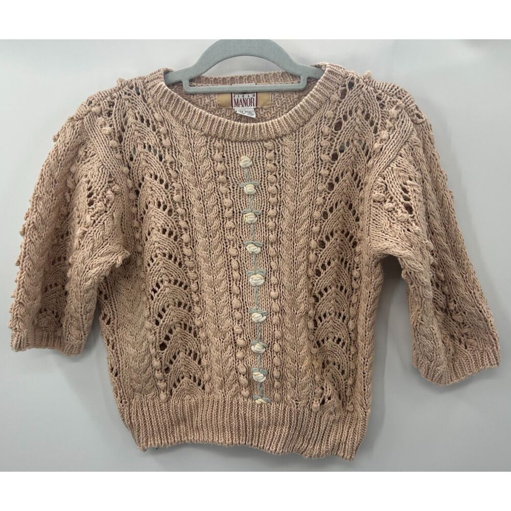 Vintage Cottagecore Knit Sweater Short Sleeve Embroidered Floral S Grandmacore